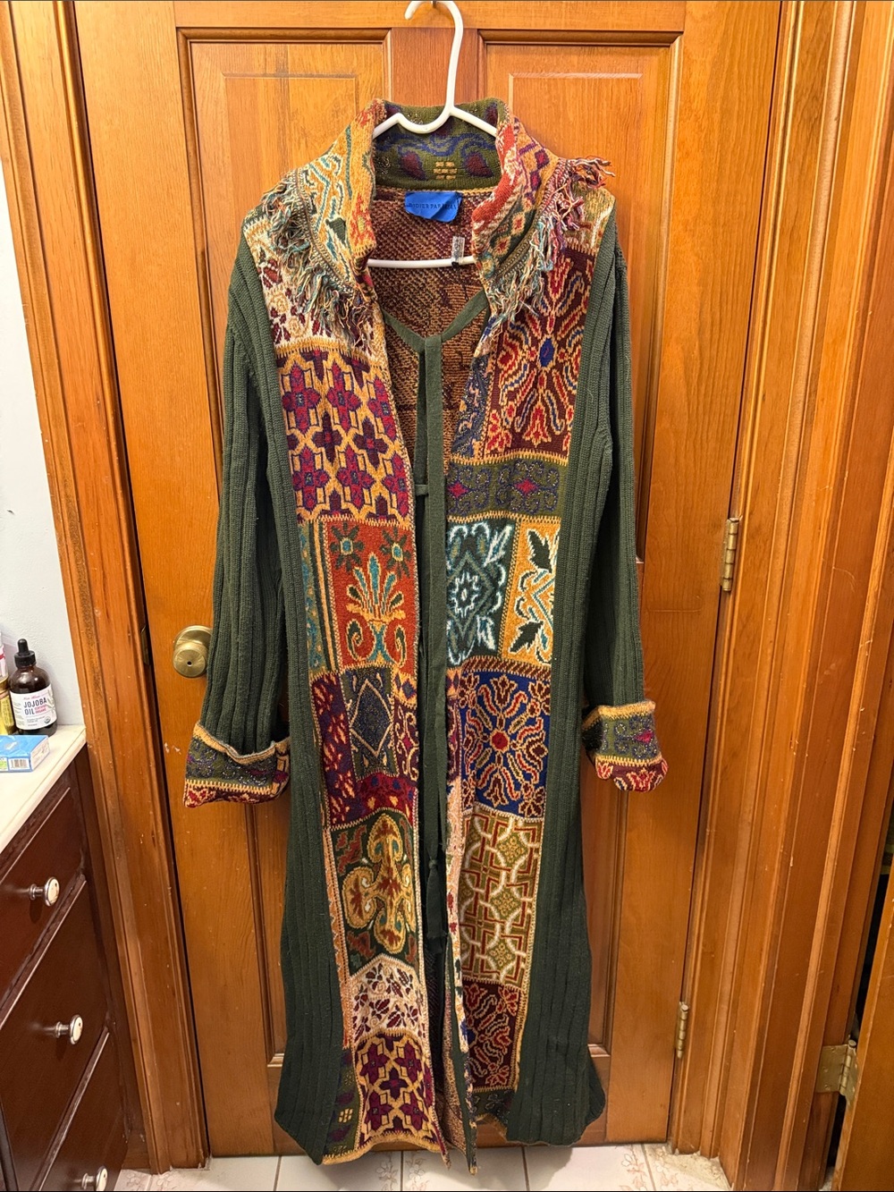 Gorgeous Olive Green Long Knit Cardigan with Multicolor Tapestry Panels